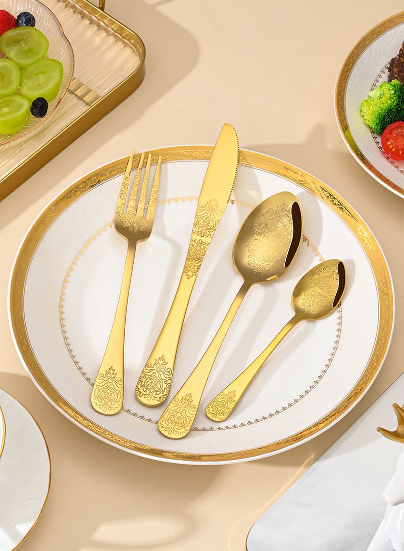 SUNHOME 24-Piece Gold Stainless Steel Cutlery Set, Luxury Floral Pattern Flatware Set for 6 Person, Mirror Polished Food Grade Tableware, Ideal for Home Kitchen, Party and Eid Gift - Image 5